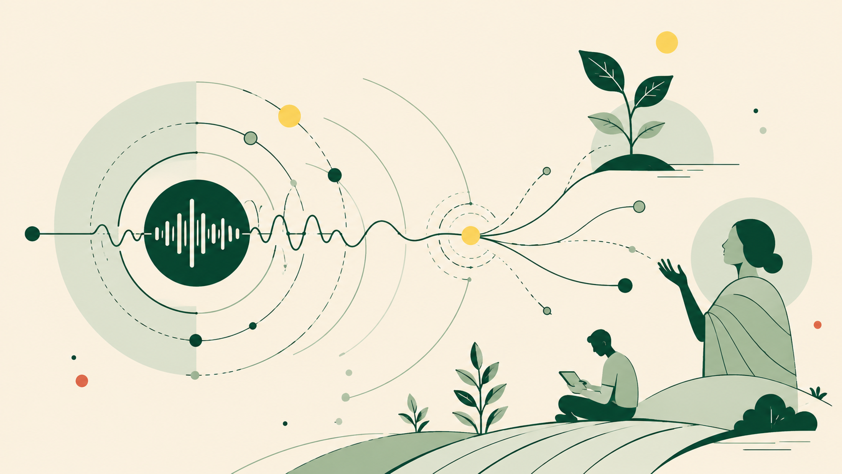 Abstract illustration: a voice waveform radiating outward to a farmer tending a young plant