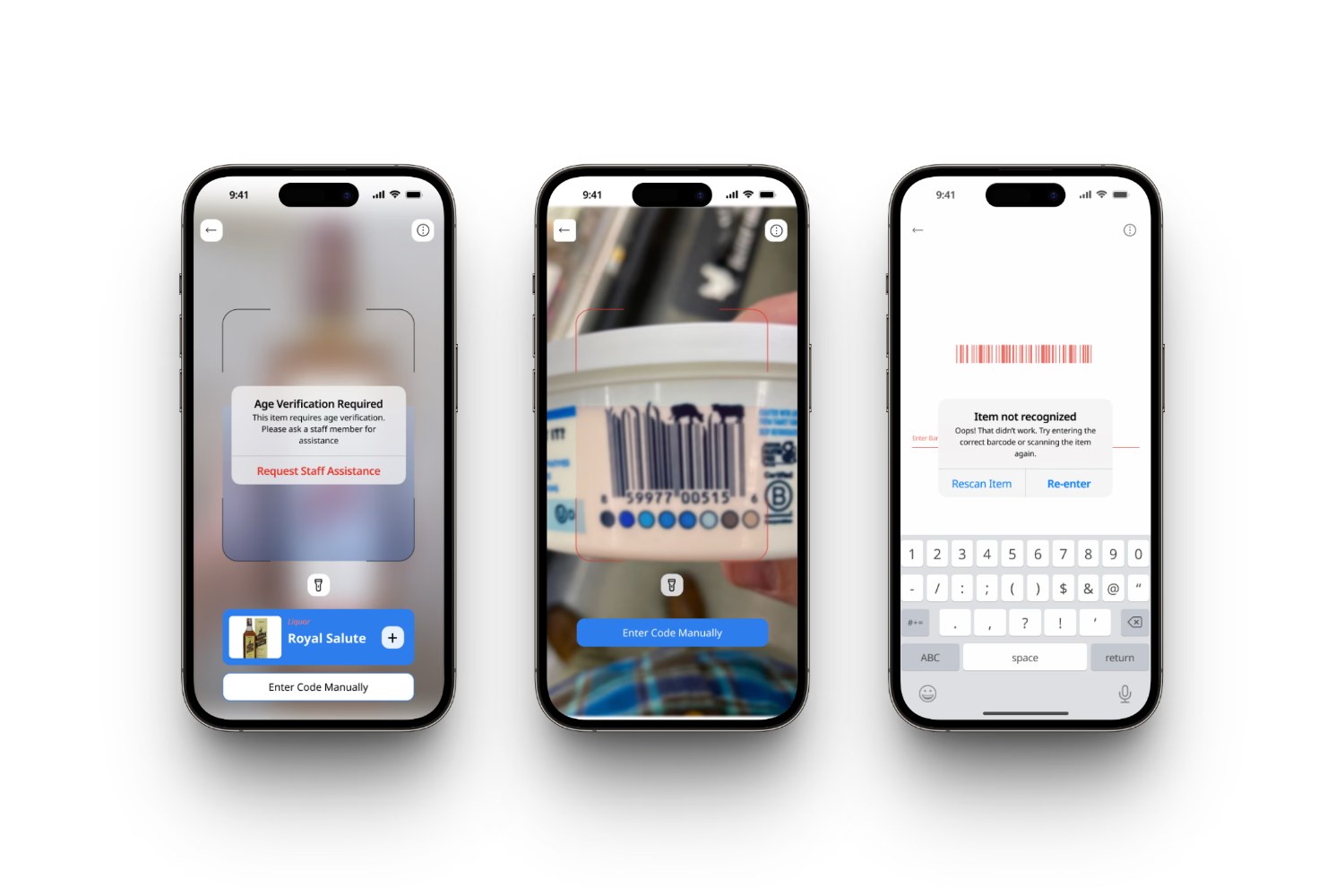Three Grab & Go edge-case screens: age verification required, a barcode scan in progress, and an item-not-recognized recovery prompt