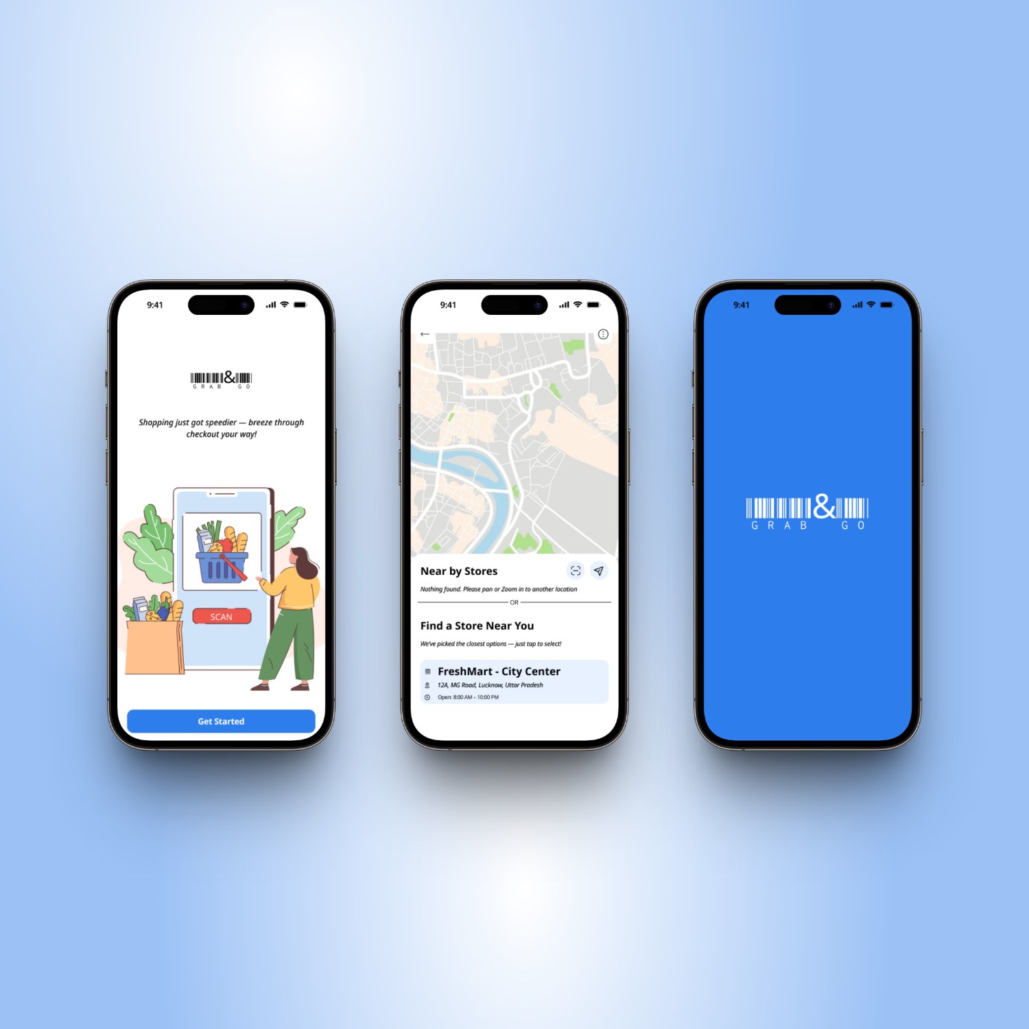 Three Grab & Go onboarding screens: a Get Started entry point, a store locator map, and the branded splash