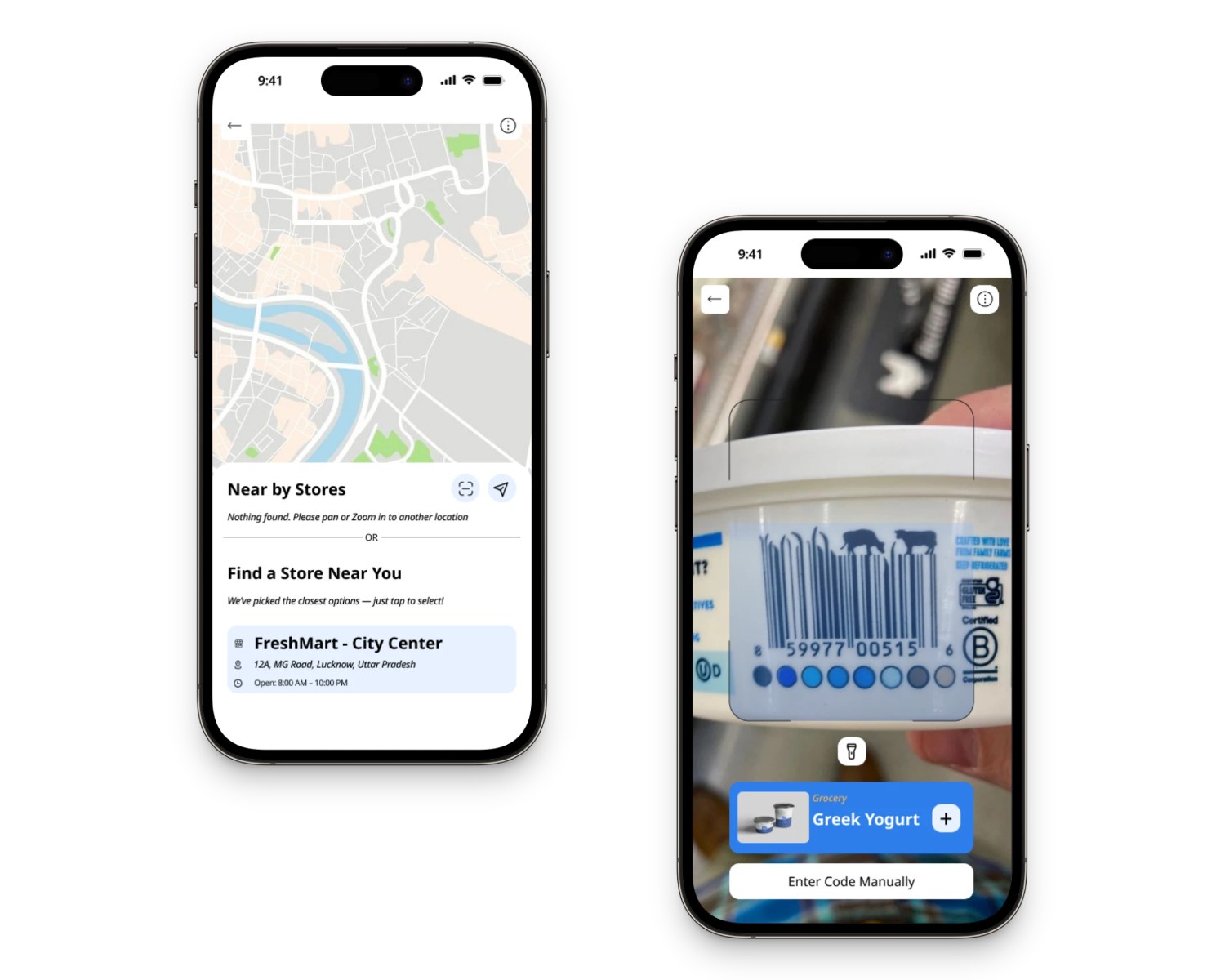 Two Grab & Go screens: a nearby-stores map and the live scanning view recognizing Greek Yogurt with a one-tap add