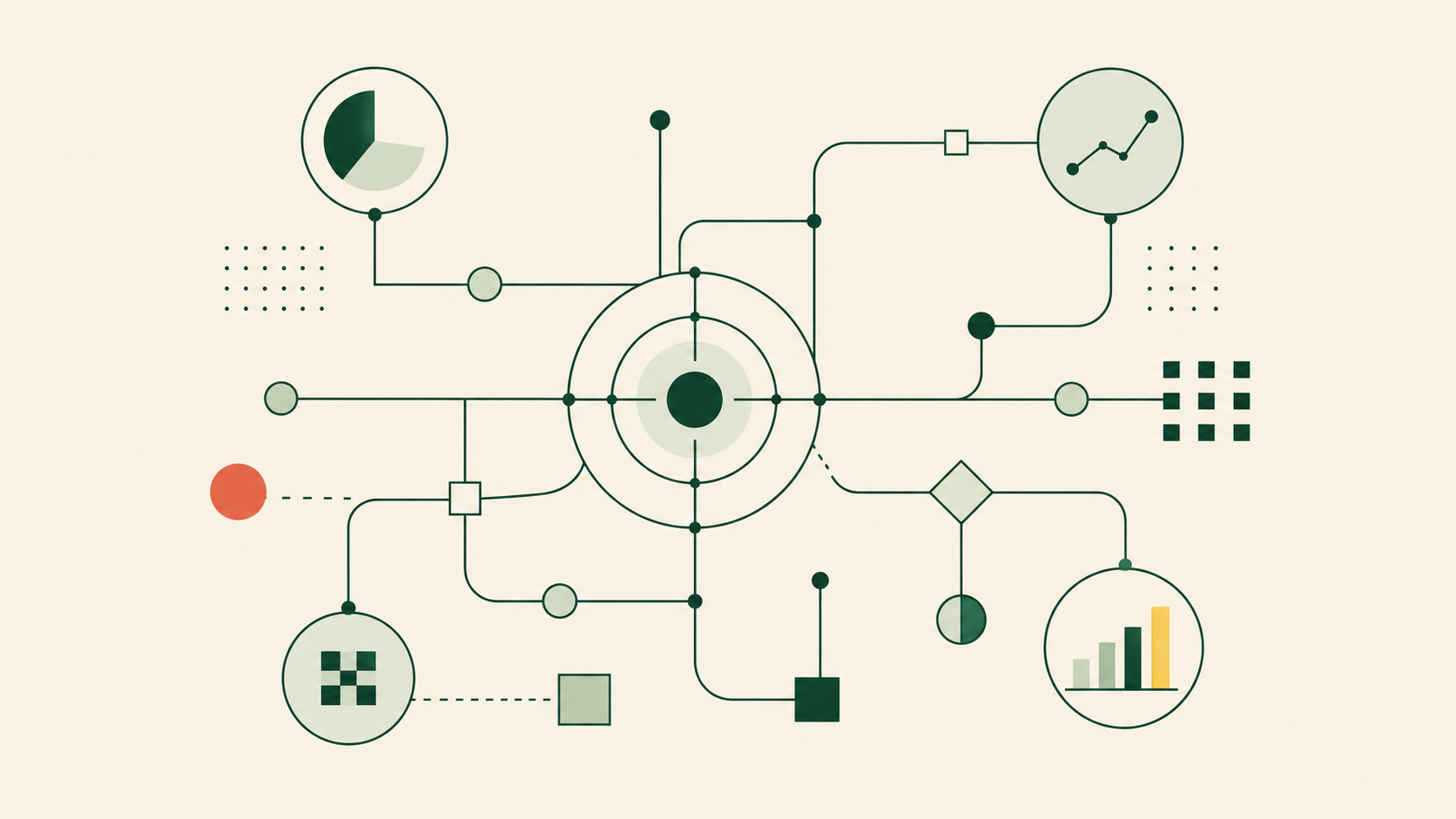 Abstract systems diagram — scattered nodes resolving into one connected center